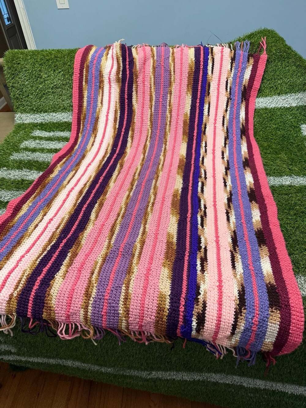 Handmade Crochet Striped Throw Blanket with Fringe Multicolor